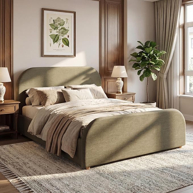 Christopher Knight Home Lanet Linen Upholstered Queen Size Bed Frame with Headboard, Modern Queen Bed Frame and Headboard, Wooden Slats Support, Easy Assembly, No Box Spring Needed, Olive Green