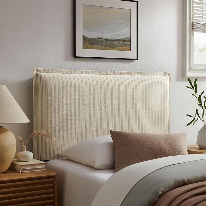 Modway Camille Twin Size Striped Linen Blend Pinstripe Headboard with Removable Slipcover – in Oatmeal Stripe - Padded Pillow Style Headboard with Adjustable Mounting for Twin Beds