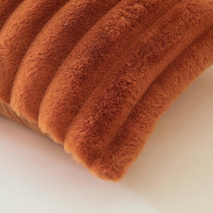 MEGO Fluffy Faux Rabbit Fur Body Pillow Cover, Comfy Plush Fuzzy Striped 20x54 Bed Body Pillowcase, Shaggy Furry Ribbed Bedroom Long Pillow Case with Zipper for Kids Girls Teens Adults, Burnt Orange