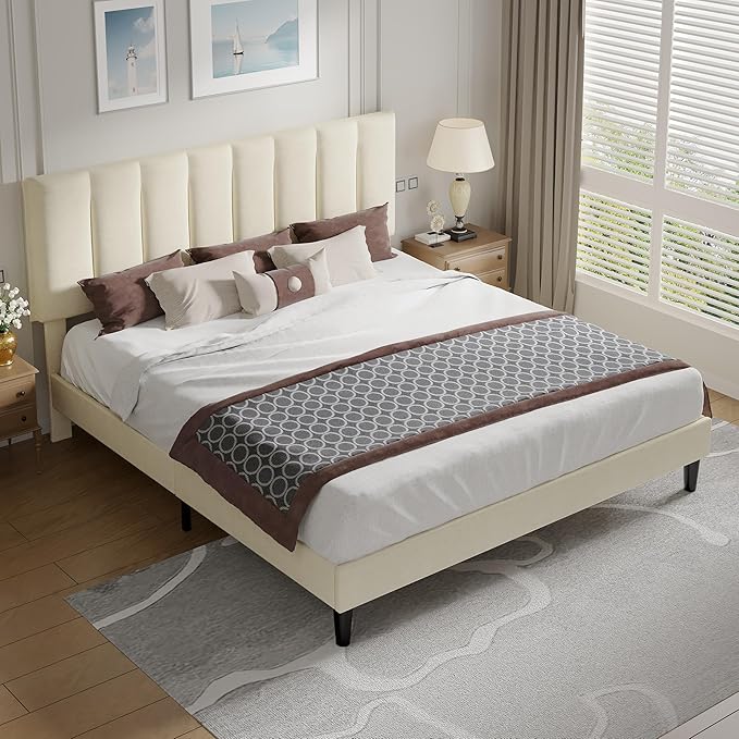 VECELO King Size Bed Frame with Upholstered Headboard, Heavy-Duty Bedframe with Strong Wooden Slats Support, No Boxing Spring Needed, Pale Beige