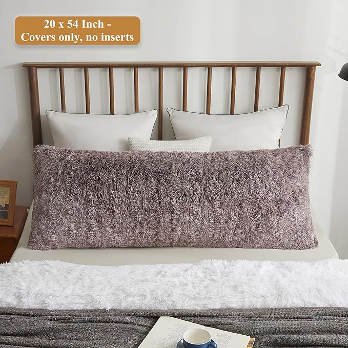 XeGe Luxury Shaggy Fuzzy Body Pillow Cover, Fluffy Bed Pillow Case with Zipper Closure, Soft Decorative Plush Long Pillow Sham, Faux Fur Hug Pillow for Home Bedroom 20"x54" Chocolate Ombre