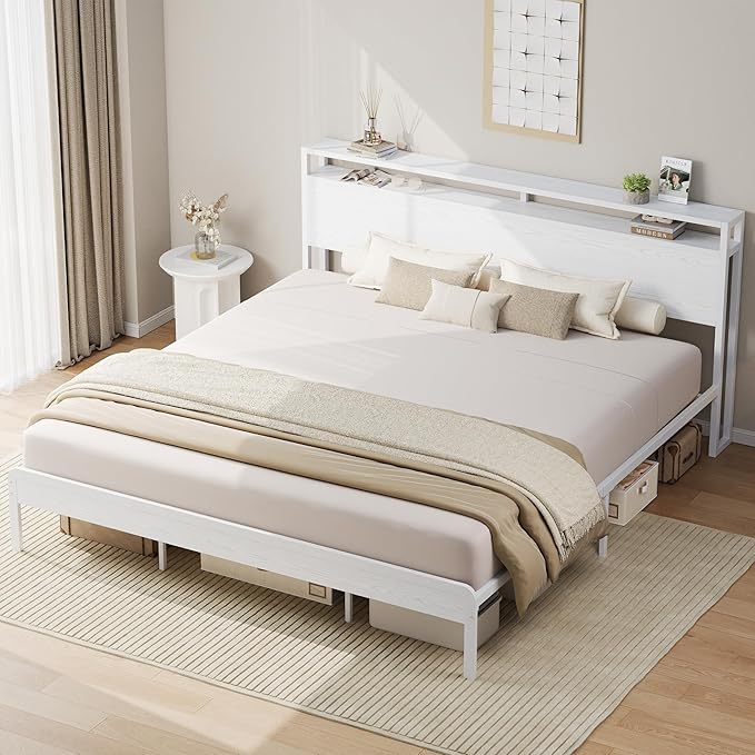 LIKIMIO California King Bed Frame with Headboard, Wood Camas California King with Strong Supports, Sturdy, Noise-Free, No Box Spring Needed, White
