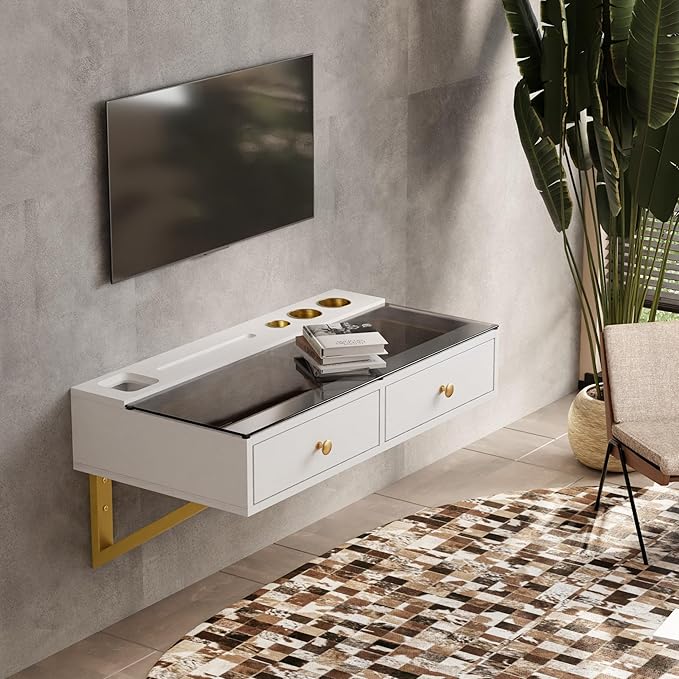 IEO 31.5" Floating Makeup Vanity Table Wall-Mounted Dressing Table with 2 Drawers Floating Desk Glass Top Wall for Small Space Bedroom,Warm White