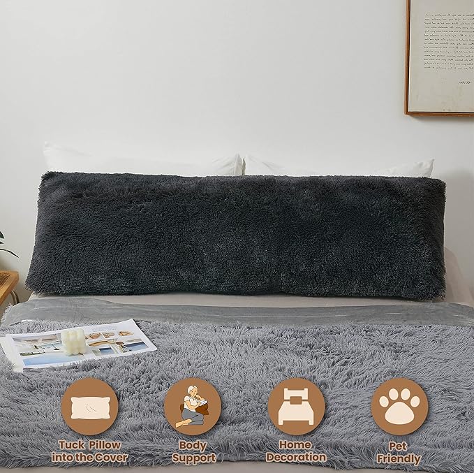 MEGO Shaggy Plush Body Pillow Cover, Grey Faux Fur Fluffy Body Pillowcase, 20x54 Boho Fuzzy Body Pillow Case, Furry Long Big Throw Pillow Sham with Zipper for Home Bedding Couch Living Room Dark Gray