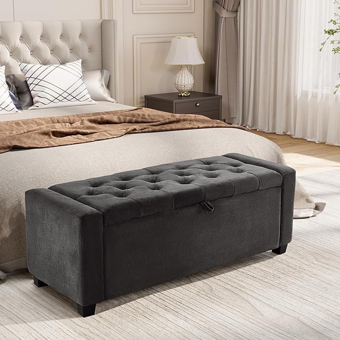 Royal Windsor Ottoman with Storage,Tufted Storage Bench with Safety Hinge,Holds up to 350 lb,Upholstered Bench with Seating for Bedroom, Living Room,Entryway,Linen Dark Gray
