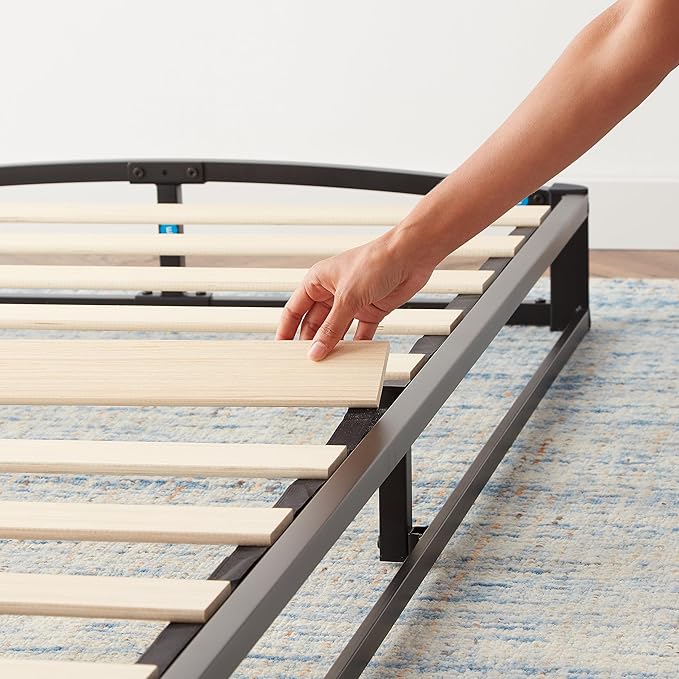 Amazon Basics Metal Platform Bed Frame with Wooden Slats, Steel Support, 6 Inches High, Storage Space, Queen, Black