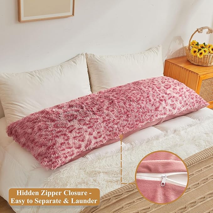 XeGe 20x54 Fluffy Cheetah Print Body Pillow Cover, Leopard Print Plush Fuzzy Faux Fur Body Pillowcase with Zipper, Farmhouse Shaggy Furry Long Pillow Cover for Women Side Sleeper, Pink