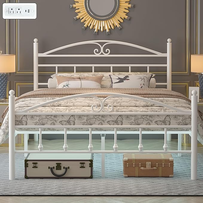 12 Inch Full Size Bed Frame with Charging Station,White Metal Platform Bed Frame with LED Lights,Heavy Duty Metal Steel Slats Support,No Box Spring Needed,Noise Free,Easy to Assemble