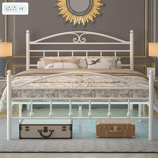 12 Inch Full Size Bed Frame with Charging Station,White Metal Platform Bed Frame with LED Lights,Heavy Duty Metal Steel Slats Support,No Box Spring Needed,Noise Free,Easy to Assemble