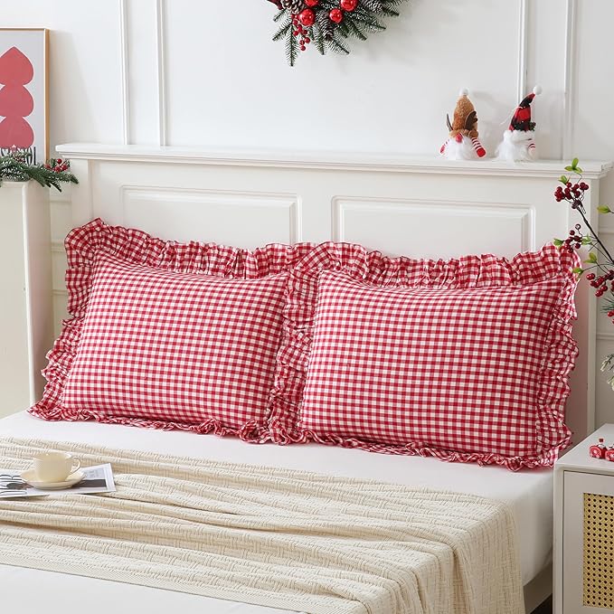 2 Pack Red/White Gingham Pillowcase 20x26 inches 100% Washed Cotton Ruffled Vintage Pillow Sham Standard Size Pillow Cover for Couch Bed Living Room