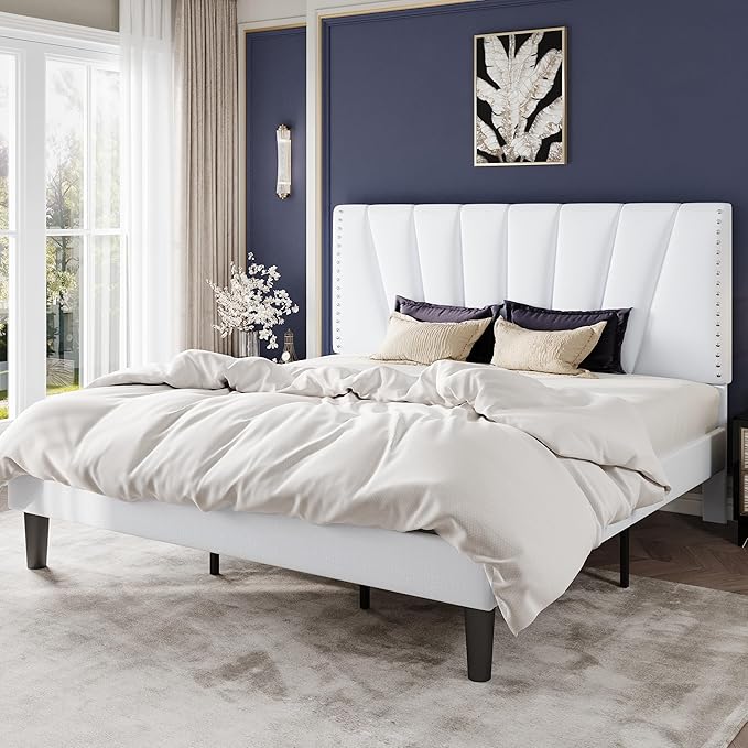 SHA CERLIN King Size Bed Frame with Adjustable Upholstered Velvet Rivets Headboard, Sturdy Wooden Slats, Strong Platform Support for Mattress, No Box Spring Needed, Easy Assembly, White