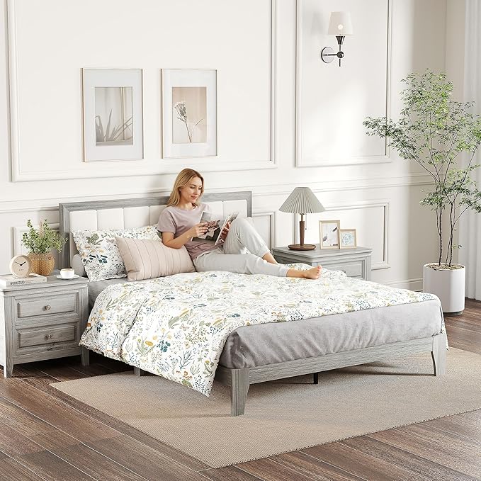HOMCOM Queen Size Bed Frame with Upholstered Headboard, Platform Bed Frame with Wooden Slats, No Box Spring Needed, Easy Assembly, Gray