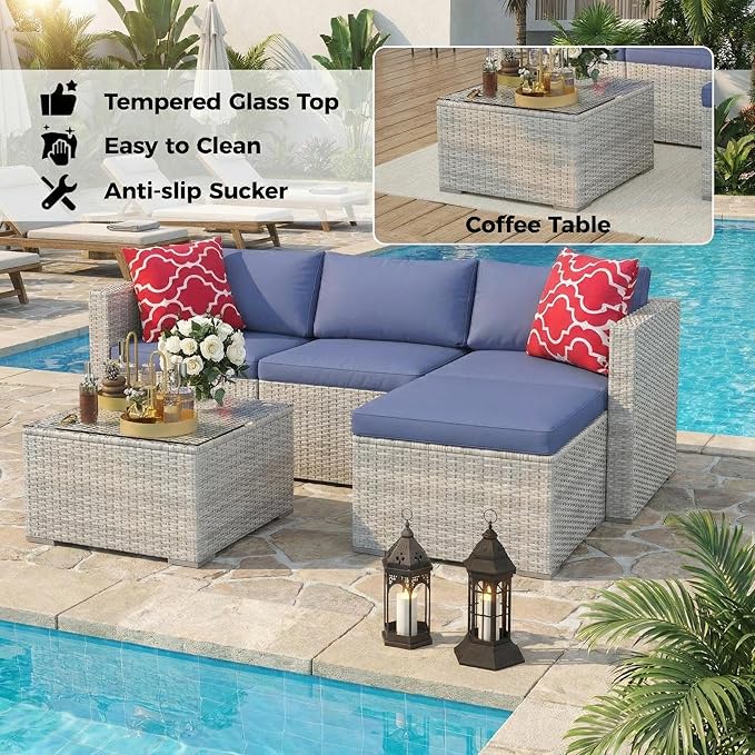 5-Piece Patio Sectional Sofa Set, All-Weather Brown PE Rattan Outdoor Conversation Furniture with Neutral-Tone Cushions, Glass Coffee Table & Footstool, Modular Design for Garden, Porch, Balcony, Pool