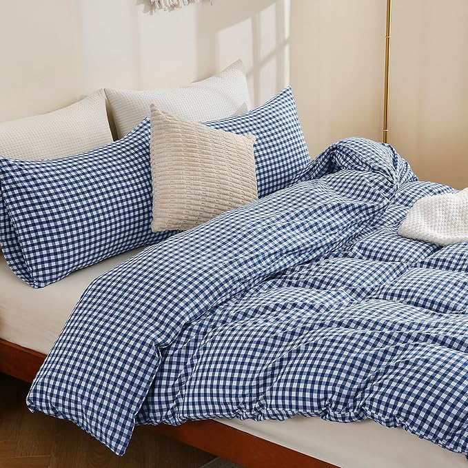 TOCOMOA Navy Blue Gingham Duvet Cover Bedding Set 100% Washed Cotton Like Linen Feel Super Soft Comfy 3 Piece Dark Blue Plaid Checkered Comforter Cover Set (King 104"x90", Comforter Not Included)