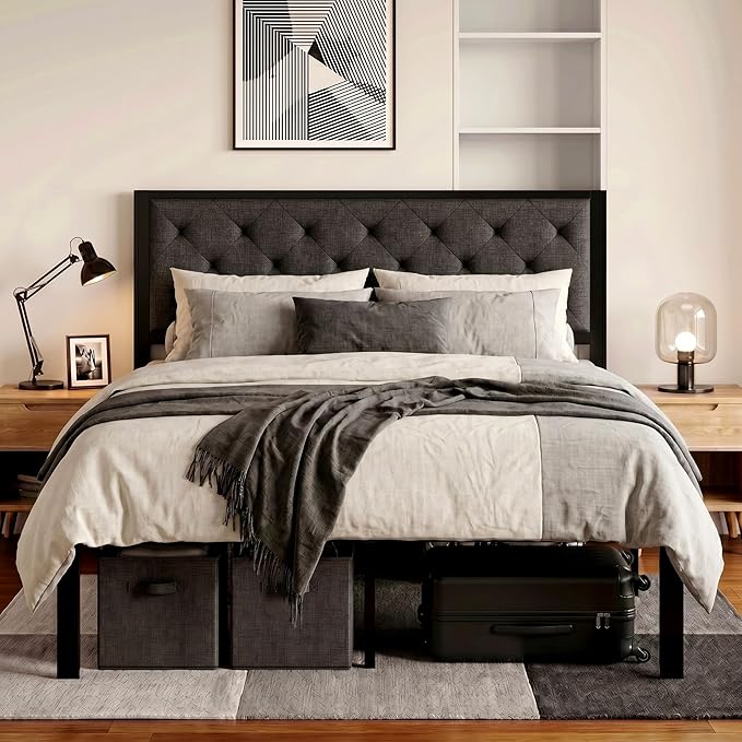 SHA CERLIN Queen Size Metal Platform Bed Frame,Linen Upholstered Button Tufted Headboard, Mattress Foundation with 12.4” Under-Bed Storage, Noise-Free, Easy Assembly, No Box Spring Needed, Dark Grey