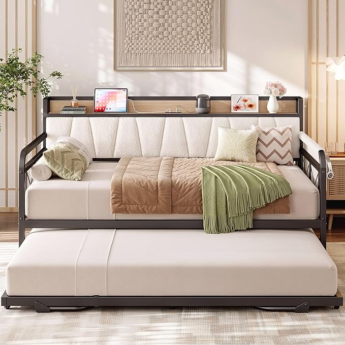 LIKIMIO Twin Daybed, Day Bed with Trundle, Storage Boucle Upholstered Headboard and Charging Station, Trundle Bed with Strong Supports for Living Room, Bedroom, and Guest Room, Cream