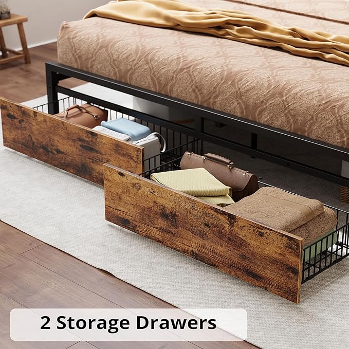 LIKIMIO California King Bed Frame with Storage Headboard, Platform Bed with Drawers and Charging Station, No Box Spring Needed, Easy Assembly, Vintage Brown