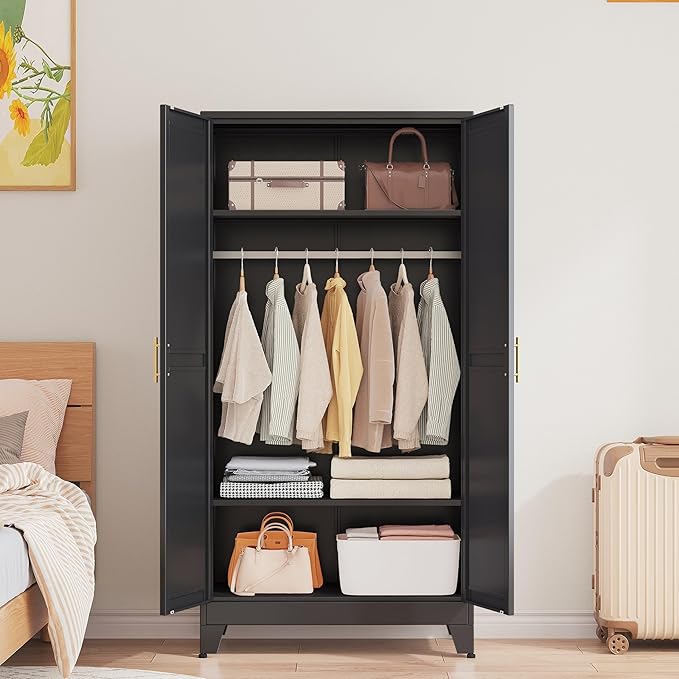 Metal Armoire Wardrobe Closet with Hanging Rod, Clothing Storage Cabinet with Adjustable Shelves for Laundry Room, Bedroom, Home Office, Bathroom, 71" Black