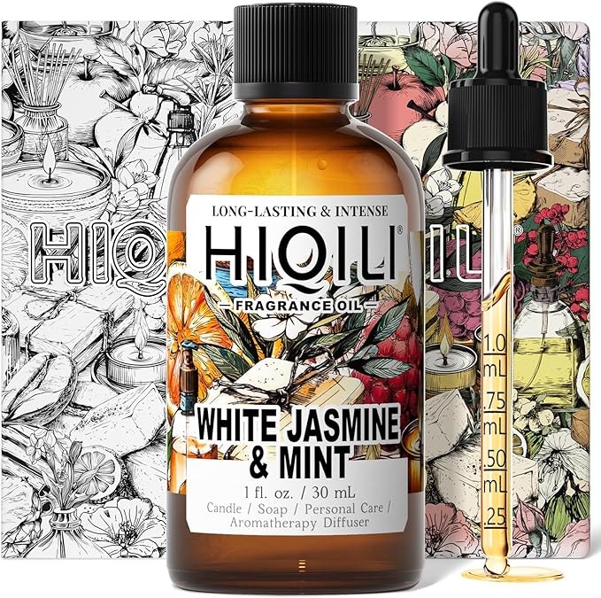 HIQILI White Jasmine & Mint Fragrance Oil for Diffuser, Candle, Soap & Perfume Making, Floral Herbal Scent with Fresh Tea Notes, Long-Lasting Scent - 1 Fl Oz