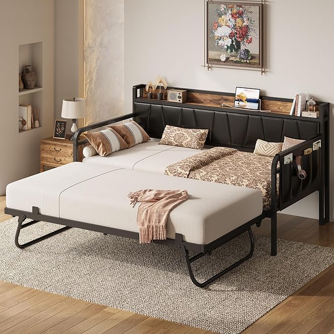 LIKIMIO Twin Daybed, Day Bed with Trundle, Storage Upholstered Headboard and Charging Station, Trundle Bed with Strong Supports for Living Room, Bedroom, and Guest Room, Black
