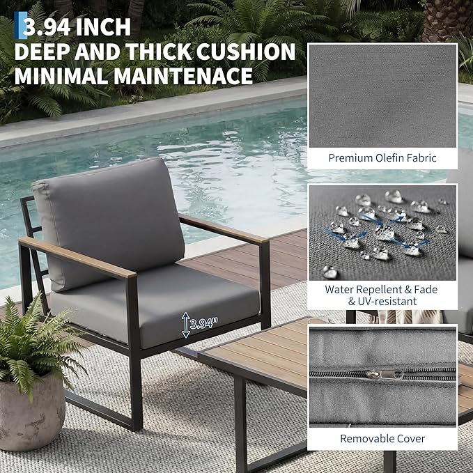 GarveeHome 4-Piece Aluminum Patio Furniture Set with Coffee Table, Outdoor Sectional Conversation Set with Washable High-Resiliency Sponge Cushions, Modern Metal Sofa for Poolside, Deck (Gray)
