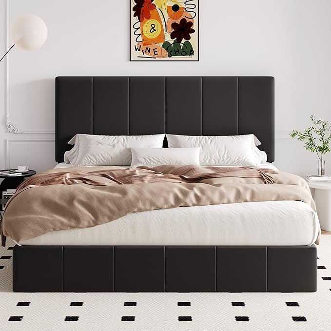 Allewie King Size Velvet Lift Up Storage Bed Frame, Vertical Channel Tufted Headboard, Hydrualic Underneath Storage, Upholstered Platform Bed, Wooden Slats Support, No Box Spring Needed, Black