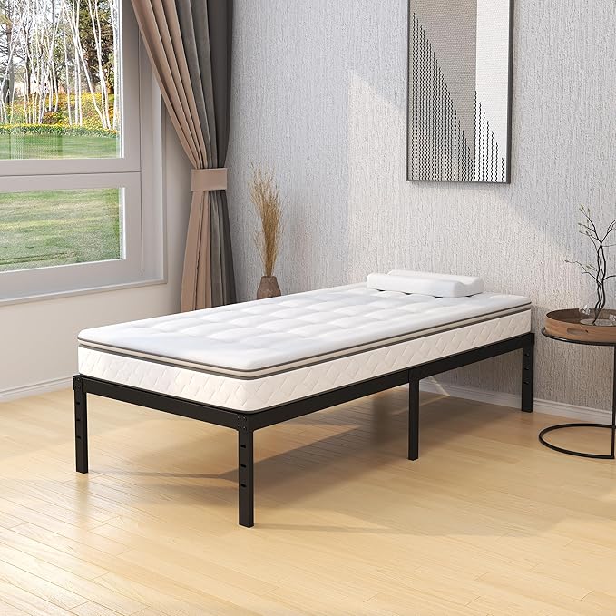 Upcanso 18 Inch Twin Bed Frames No Box Spring Need, Metal Platform Bed Frame Twin Size with High Storage, Eassy Assembly 2,500 Lbs Heavy Duty Bedframes, Black