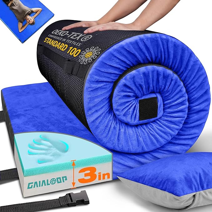 GAIALOOP 3 Inch Memory Foam Camping Mattress, Dual Layer Thick Sleeping Camp Pad for Car Tent Cot, Roll-Up Portable Glamping Floor Bed for Guests Sleepover