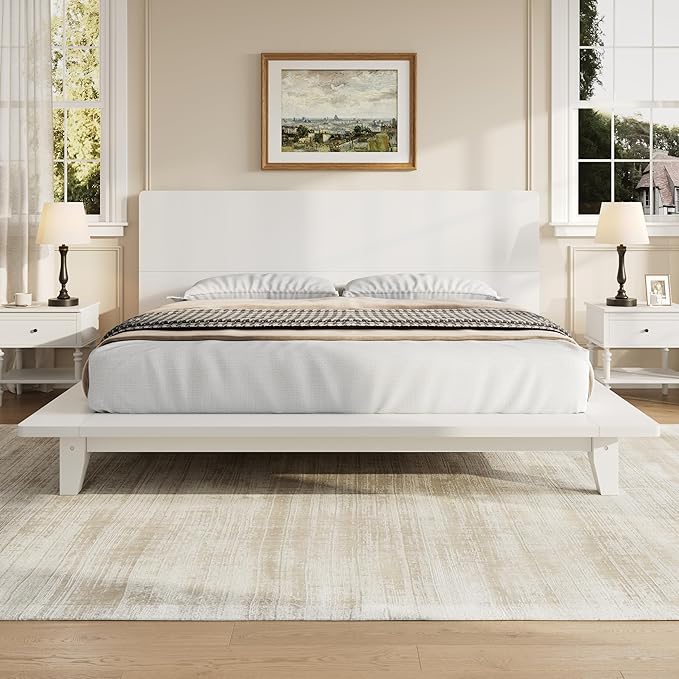 Mid-Century King Size Wooden Bed Frames, Pine Wood Japanese Low Platform Bed with White Headboard, 7 inch Low Under Bed Storage, 800 lbs Capacity, No Box Springs Required (White, King, 35.4" H)