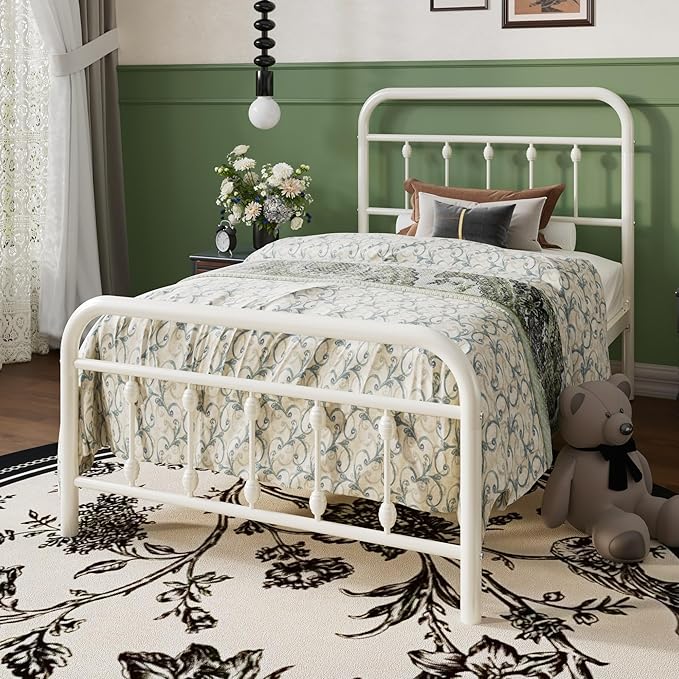 SHA CERLIN Twin Size Metal Platform Bed Frame with Victorian Style Iron-Art Headboard and Footboard, Easy Assembly, Under Bed Storage, No Box Spring Required, Off White