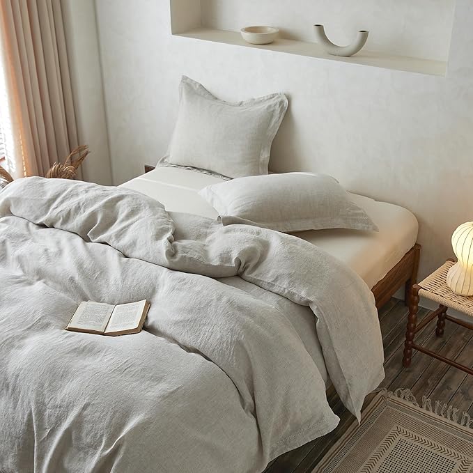 Simple&Opulence 100% Linen Duvet Cover Set with Crossed Embroidery Washed - 3 Pieces (1 Duvet Cover with 2 Pillow Shams) Soft Breathable Farmhouse - Linen, Queen Size