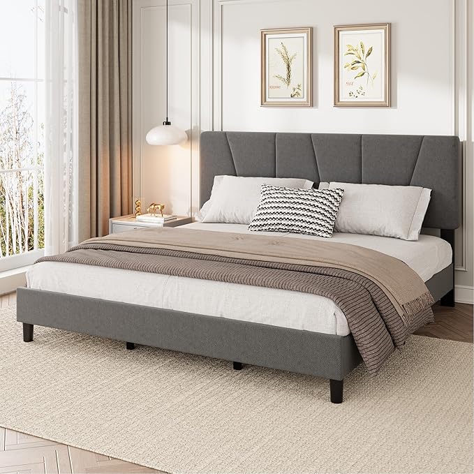 IDEALHOUSE Queen Size Upholstered Bed Frame with Headboard, Heavy Duty Platform Bed Frame, Adjustable Headboard, Noise-Free, No Box Spring Needed, Easy Assembly