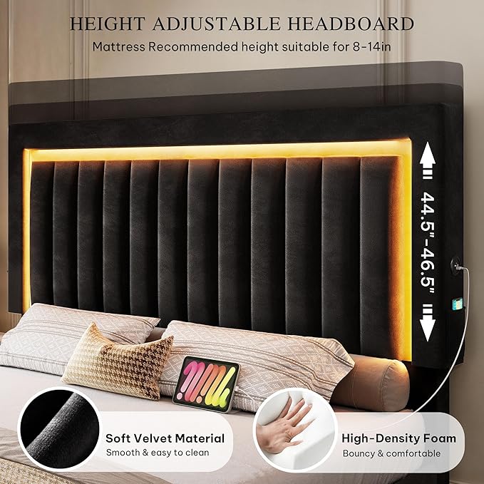 YITAHOME King Size Bed Frame with Velvet Vertical Tufted Upholstered Adjustable Headboard, 4 Storage Drawers, RGB LED Lights and USB Ports, No Box Spring Needed, Fast Assembly, Noise-Free, Black