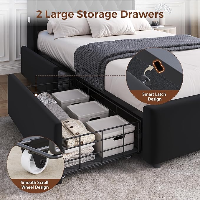 Twin LED Velvet Bed Frame with 2 Storage Drawers&Hidden Headboard, Upholstered Platform Bed with Charging Station&Button Tufted Design, Wooden Slats Support, Box Spring Optional, Easy Assembly, Black