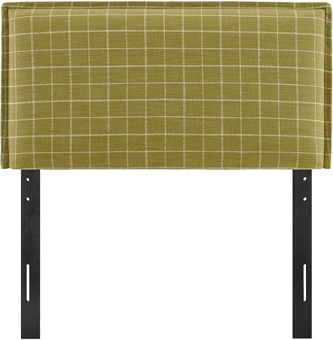 Modway Camille Twin Size Checkered Linen Blend Plaid Headboard with Removable Slipcover – in Artichoke Windowpane Check - Padded Pillow Style Headboard with Adjustable Mounting for Twin Beds