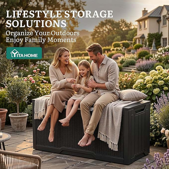 YITAHOME 80 Gallon Outdoor Storage Box, Large Water Resistant Resin Deck Box, Indoor Outdoor Lockable Rattan Storage Container for Patio, Garden, Cushions, Tools, Equipment (Black)