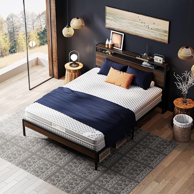 LIKIMIO Queen Bed Frame with Headboard, Dark Wood Camas Queen with Strong Supports, Sturdy, Noise-Free, No Box Spring Needed, Dark Walnut