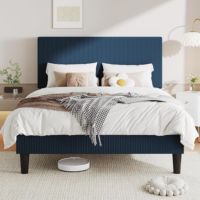 Allewie Full Size Upholstered Bed Frame with Vertical Channel Tufted Headboard, Soft Corduroy Fabric Platform Bed, Strong Wooden Slats Support, Easy Assembly, No Box Spring Needed, Dark Blue