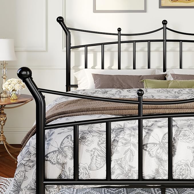 Allewie 14 Inches King Size Metal Platform Bed Frame with Elegant Crown Headboard & Footboard, Sturdy Mattress Foundation with Under-Bed Storage, Easy Assembly, No Box Spring Needed, Black
