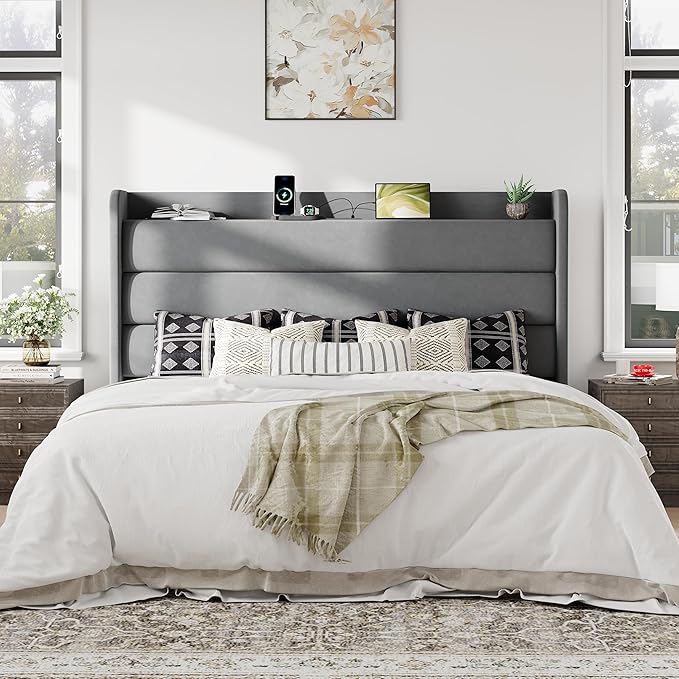 Allewie King Size Upholstered Bed Frame with Charging Station & Storage Headboard, Soft Velvet Wingback Platform Bed, Strong Wooden Slats Support, No Box Spring Needed, Easy Assembly, Light Grey