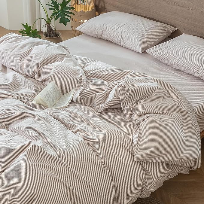 MooMee Striped Duvet Cover Set 100% Washed Cotton Linen Like Textured Breathable Durable Soft Comfy (Orange Pinstripes, Palatial King/Oversized King 120"x98")