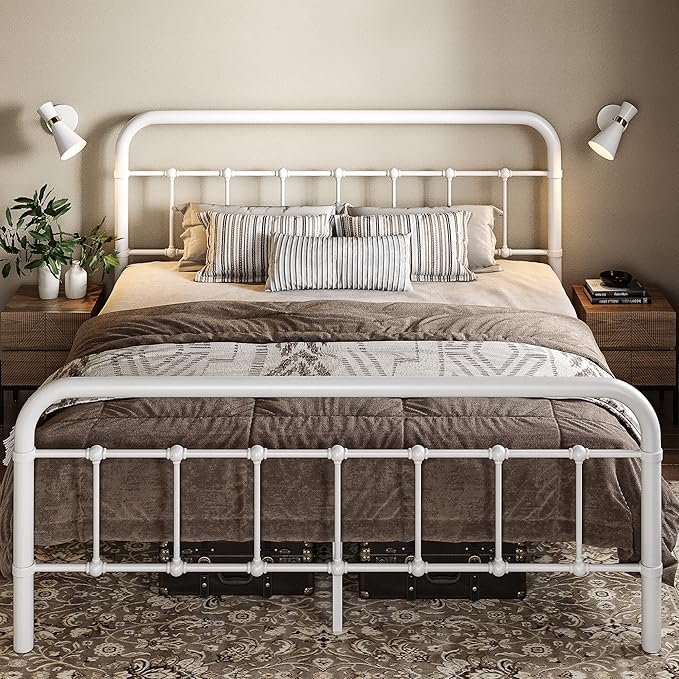 Allewie Full Size Metal Platform Bed Frame with Victorian Style Wrought Iron-Art Headboard/Footboard, No Box Spring Required, White