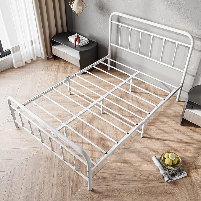 Vintage Full Size Bed Frame with Headboard and Footboard Mattress Heavy Duty Metal Platform Bed Frame Steel Slat Support (Full, White)