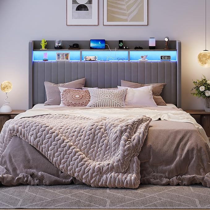 SHA CERLIN King Size Lift Up Storage Bed Frame/LED Lights/Charging Station/2-Tier Shelves Headboard/USB,Type-C Ports/Velvet Upholstered/Hydraulic Support/No Box Spring Needed/Noise Free/Gray