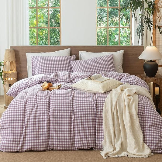 MooMee Gingham Duvet Cover Set 100% Washed Cotton Linen Like Textured Breathable Durable Soft Comfy Modern Checkered Design (Classic Gingham Light Purple, Queen 90"x90")