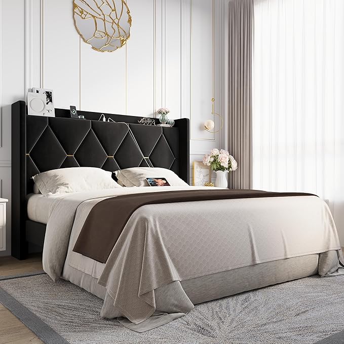 Allewie Velvet Queen Upholstered Bed Frame with Wingback Storage Headboard & Charging Station, Platform Bed with Diamond Tufted Design & Gold Trim, No Box Spring Needed, Easy Assembly, Black