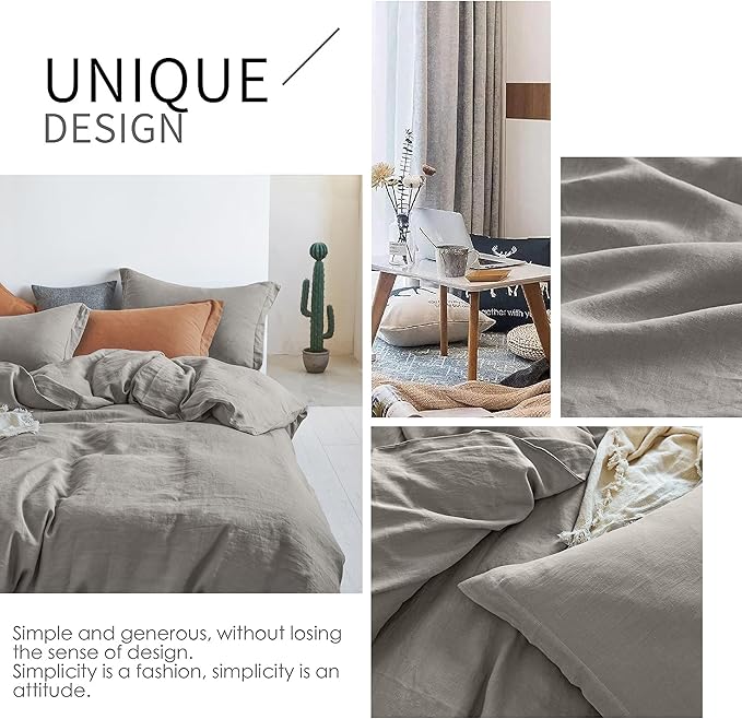 Simple&Opulence 100% Linen Duvet Cover Set 3pcs Basic Style Natural French Washed Flax Solid Color Soft Breathable Farmhouse Bedding with Button Closure - Dove Grey, Queen