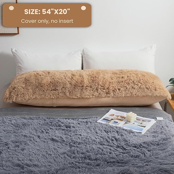 MEGO Shaggy Plush Body Pillow Cover, Camel Faux Fur Fluffy Body Pillowcase, 20x54 Fuzzy Full Body Pillow Case, Furry Long Big Throw Pillow Sham with Zipper for Home Bedding Couch Living Room Camel