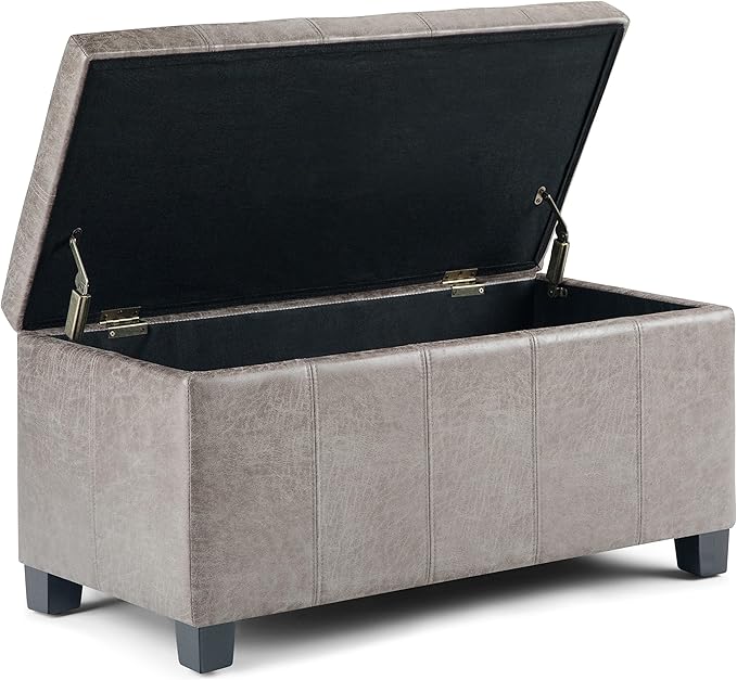 SIMPLIHOME Dover Storage Ottoman Bench - 36 inch Wide Upholstered Vegan Leather Rectangular Lift-Top Ottoman in Distressed Grey Taupe, Contemporary Bench for Living Room with Safety Hinges