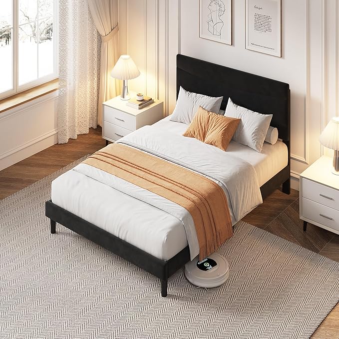 IDEALHOUSE Full Size Upholstered Platform Bed Frame with Ergonomic Headboard, Beige Soft Fabric, Heavy Duty Wooden Slats, Noise-Free, 6.3" Underbed Storage, No Box Spring Needed, Easy Assembly
